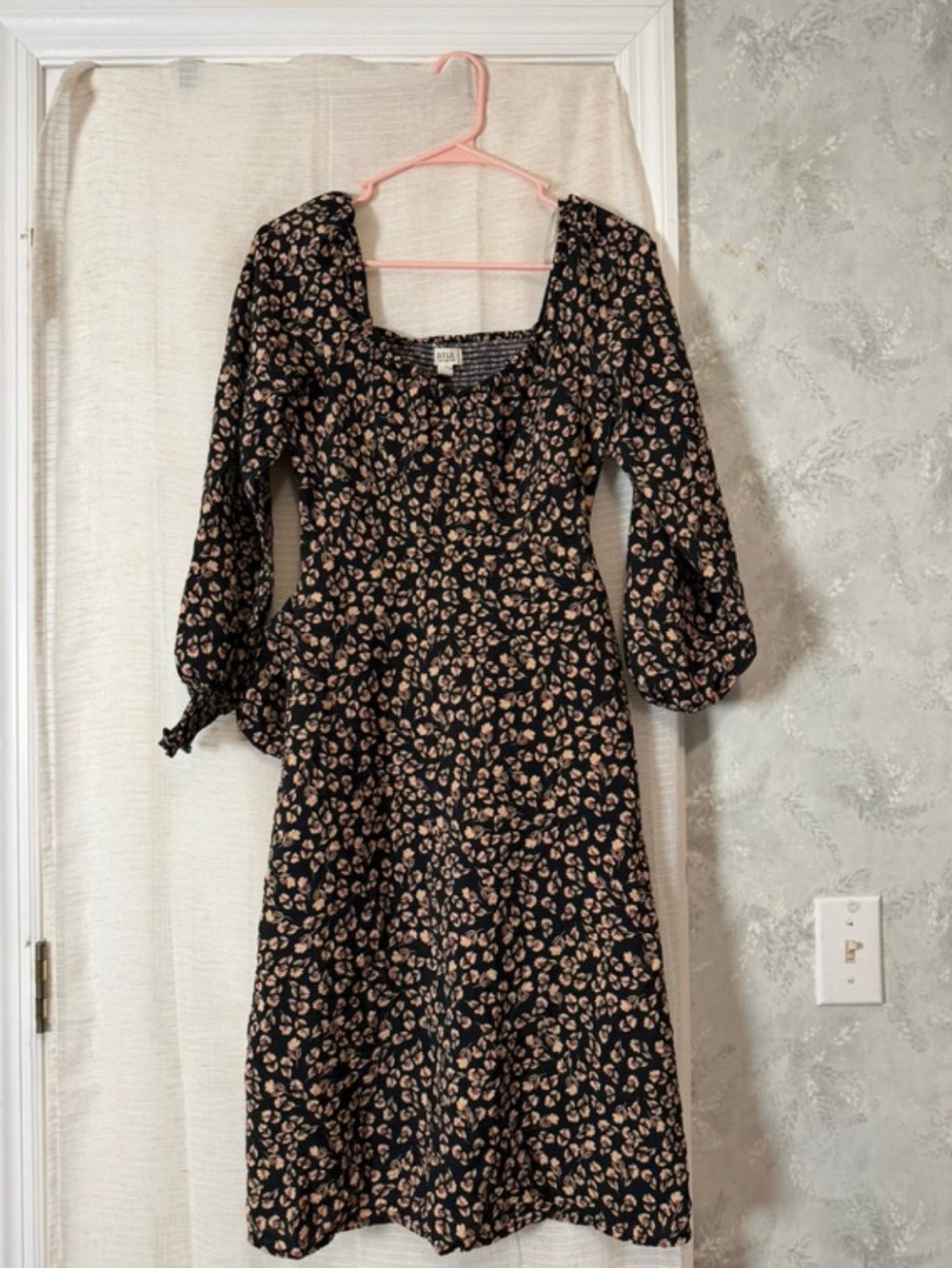 a.n.a Black Midi Dress with Beige Floral Print